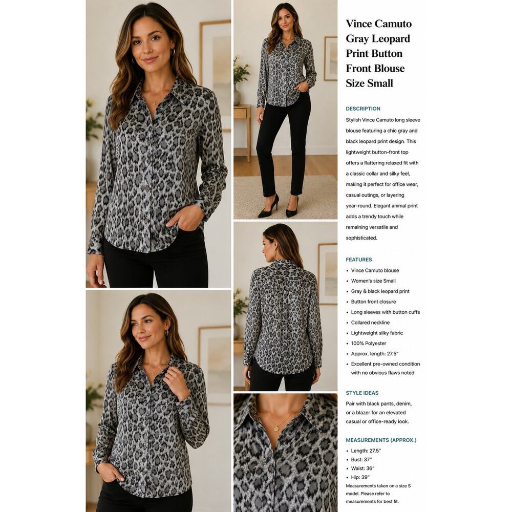 Vince Camuto Women’s Gray Leopard Print Button Front Blouse Size Small